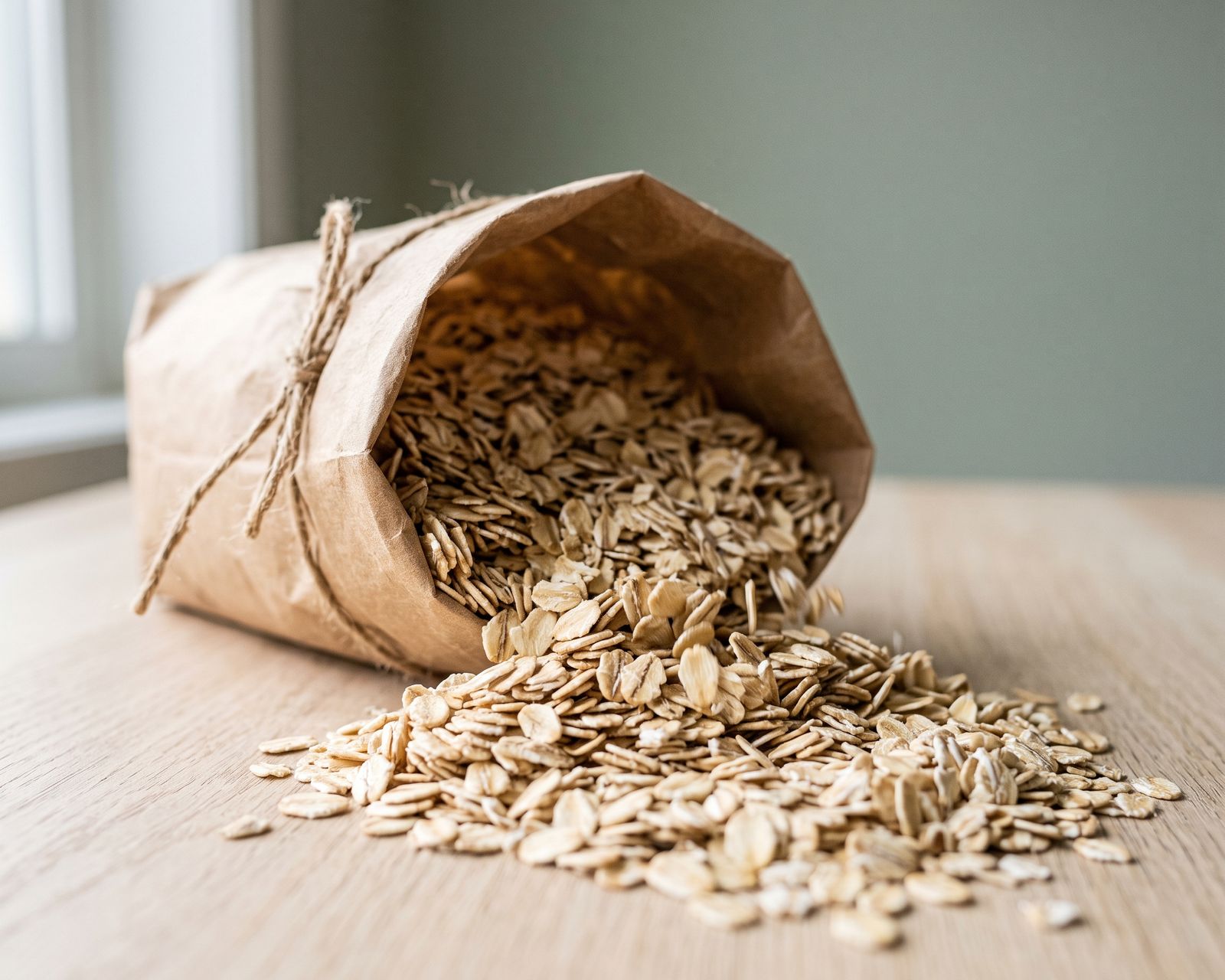 Rolled oat flakes spilling from a kraft paper sack