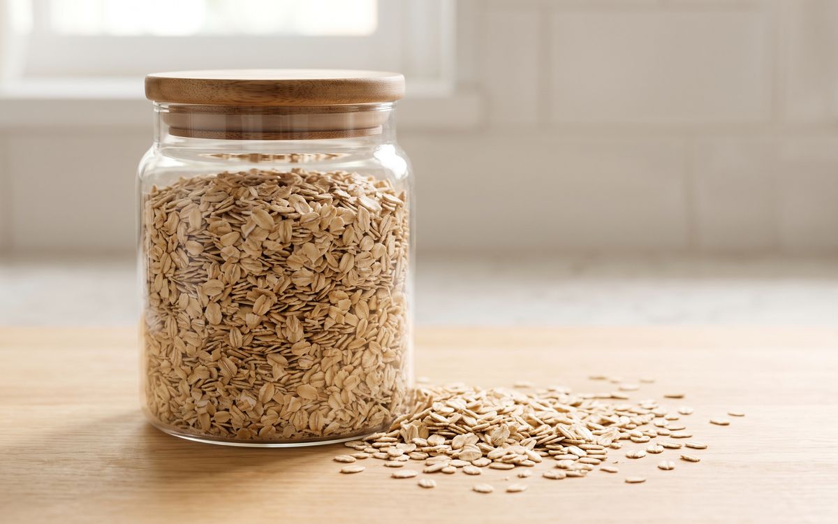 Thin quick oat flakes in a glass jar
